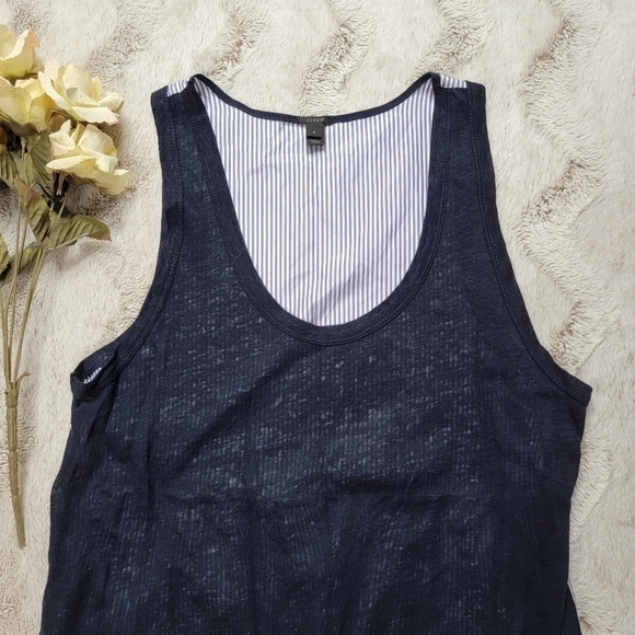 J Crew Silk Trapeze Vertical Stripe Back Linen Solid Front Panel Top Navy Size S - Picture 2 of 11